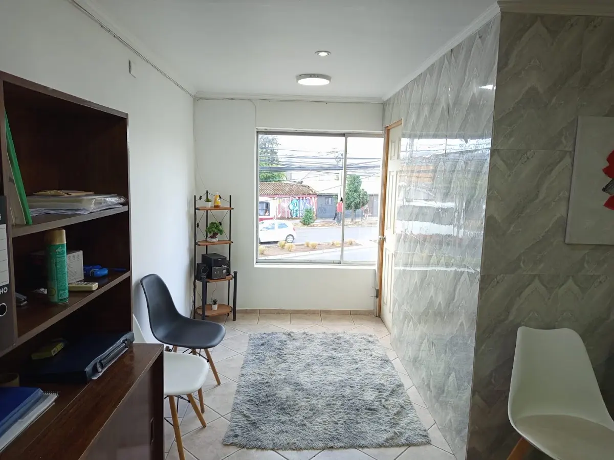 Interior de la consulta de psicología en Talca: sillones, alfombra y ventanal