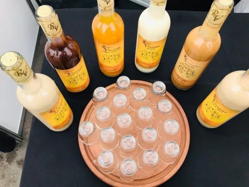 Línea de botellas de licores artesanales Raíces Villalegrinas vistas desde arriba