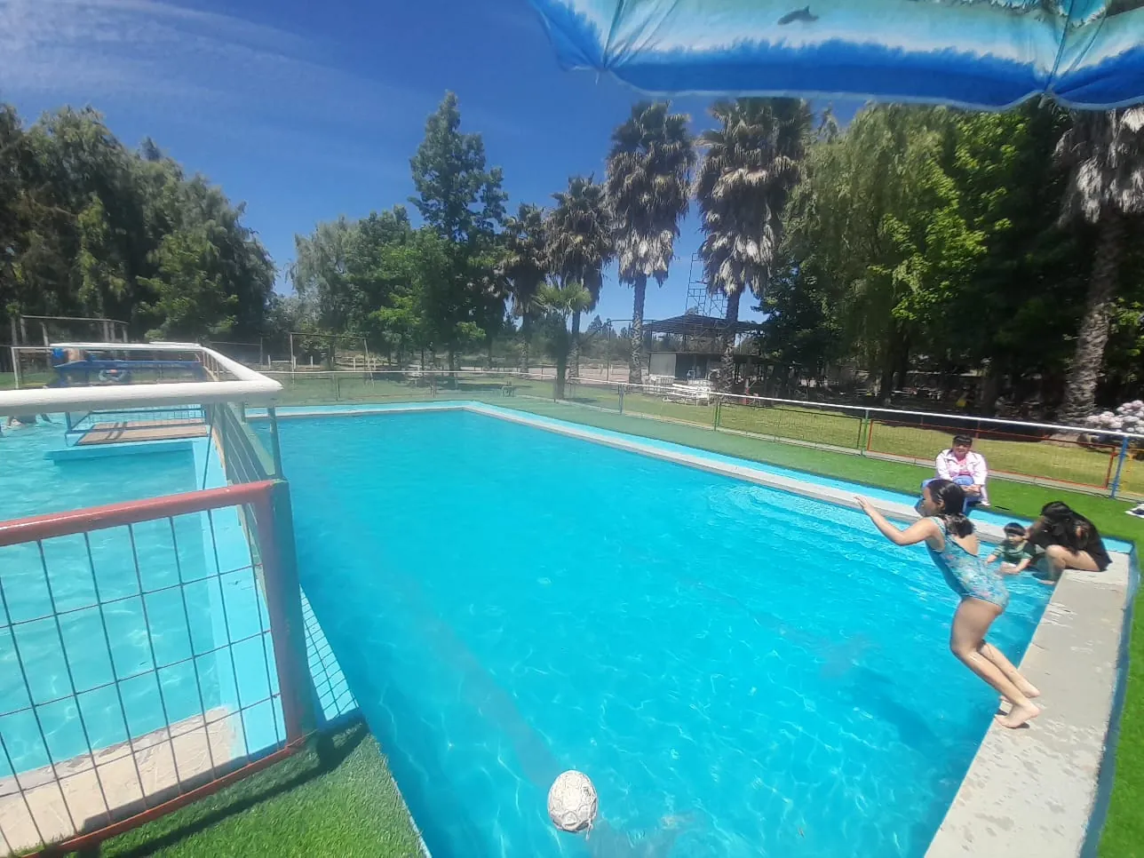 Personas bañándose en la piscina junto a una sombrilla azul