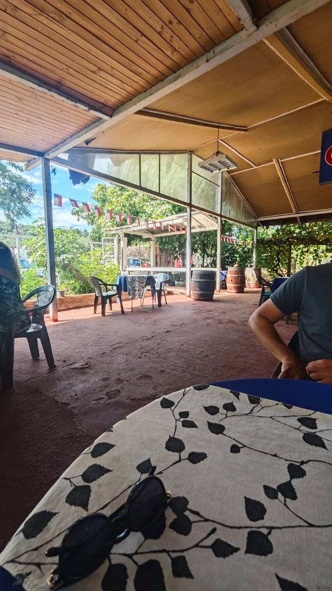 Terraza techada del restaurante con mesas de mantel a cuadros y vista al campo