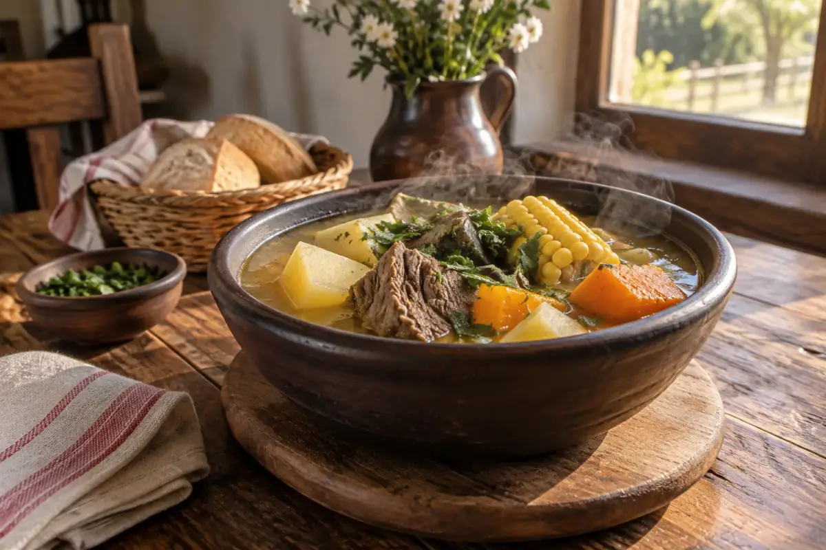 Cazuela humeante servida en plato de greda con cuchara de madera