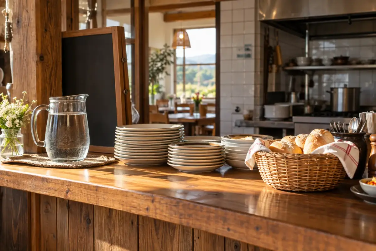 Mesón de madera del restaurante con platos apilados y canasto de pan recién hecho