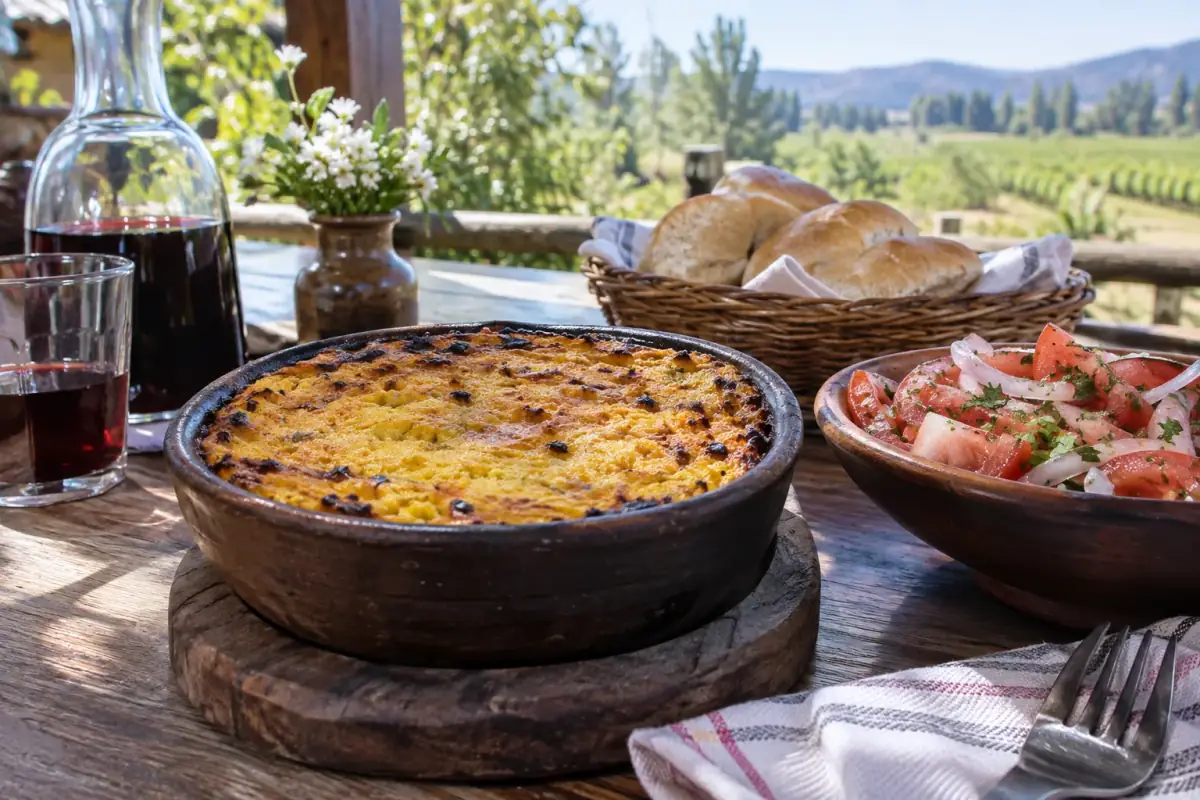Pastel de choclo en fuente de greda con ensalada chilena, pan y un vaso de vino