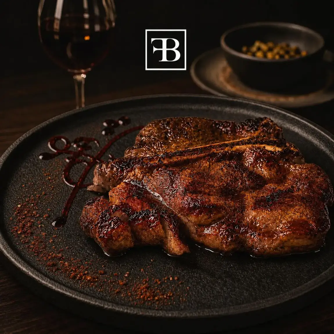 Corte de carne a la parrilla servido en plato negro, foto de la carta de Fuego Bendito
