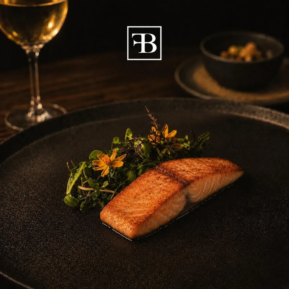Filete de salmón a la plancha con flores comestibles, foto de la carta de Fuego Bendito