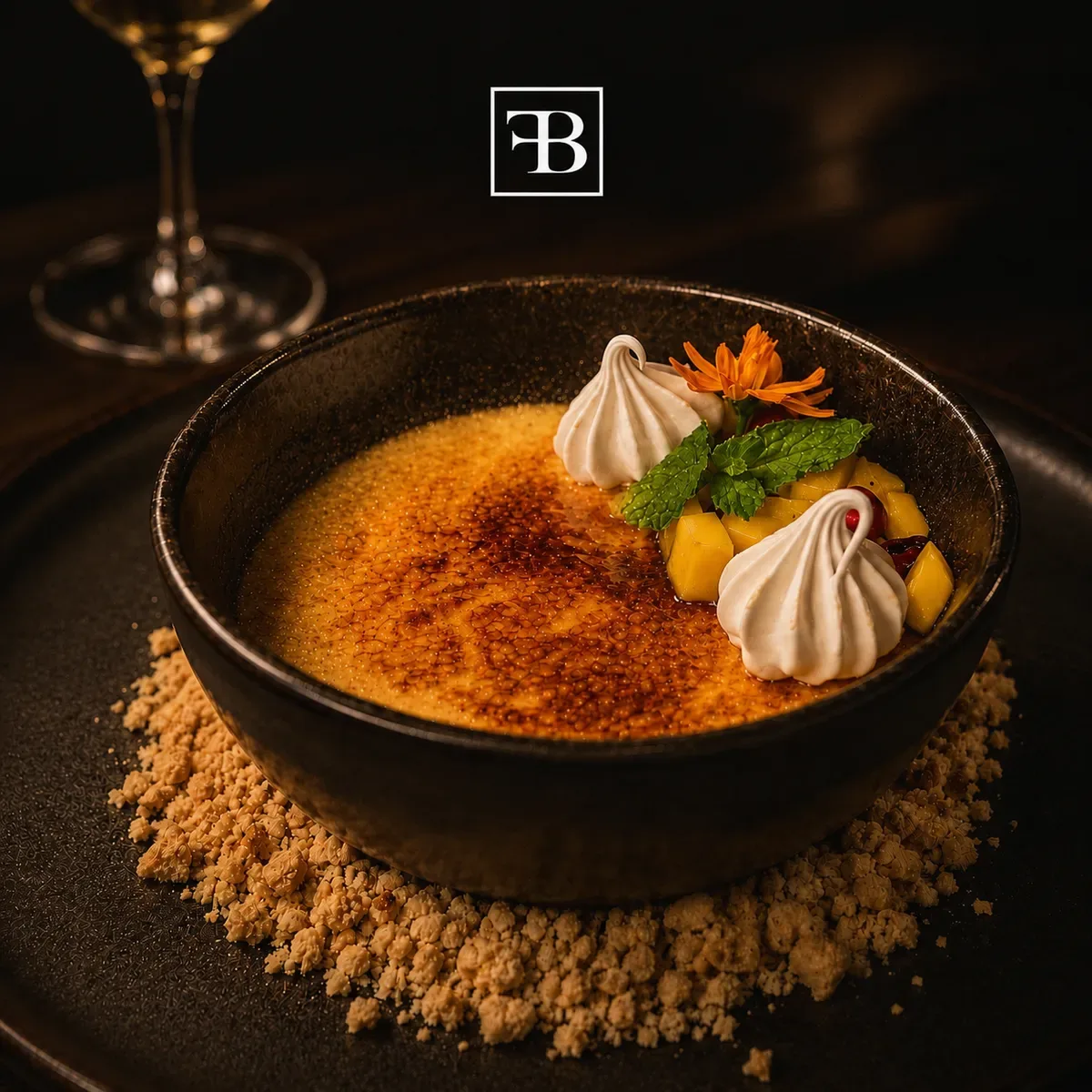 Crème brûlée con merengues y frutos, postre de la casa en Fuego Bendito