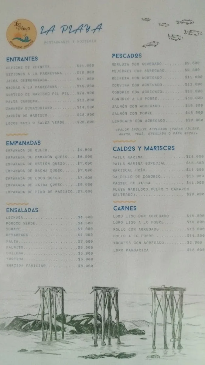 Carta real de Restaurant La Playa con los precios escritos a mano