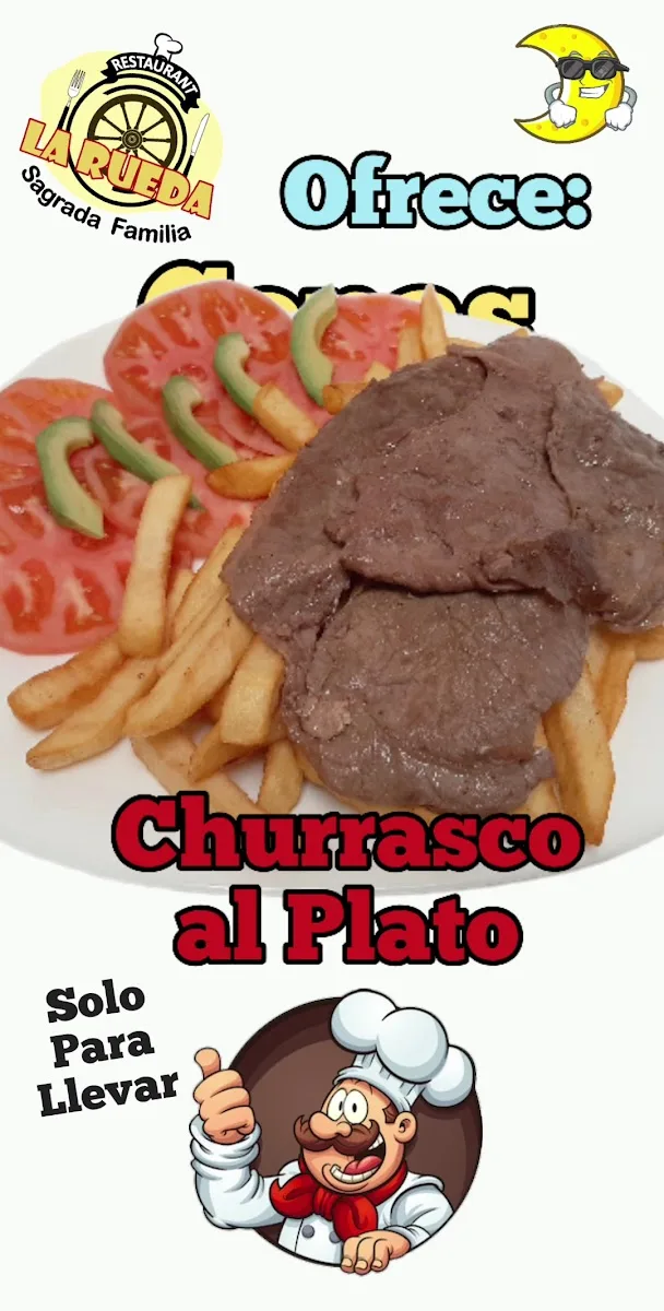 Churrasco al plato con papas fritas, tomate y palta, promocionado para llevar