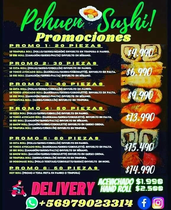 Volante real de Pehuén Sushi con las promociones y el teléfono de delivery