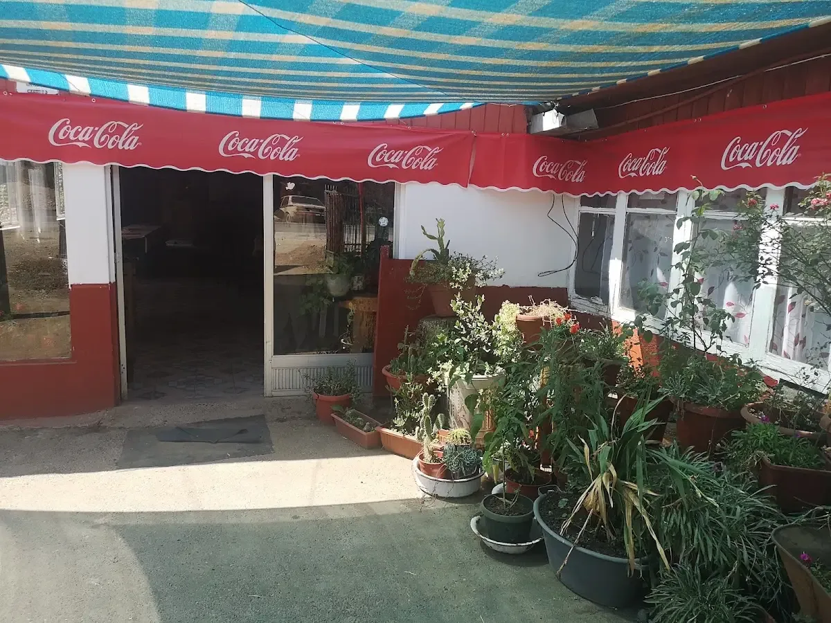 Entrada del restaurante con plantas y toldo a rayas
