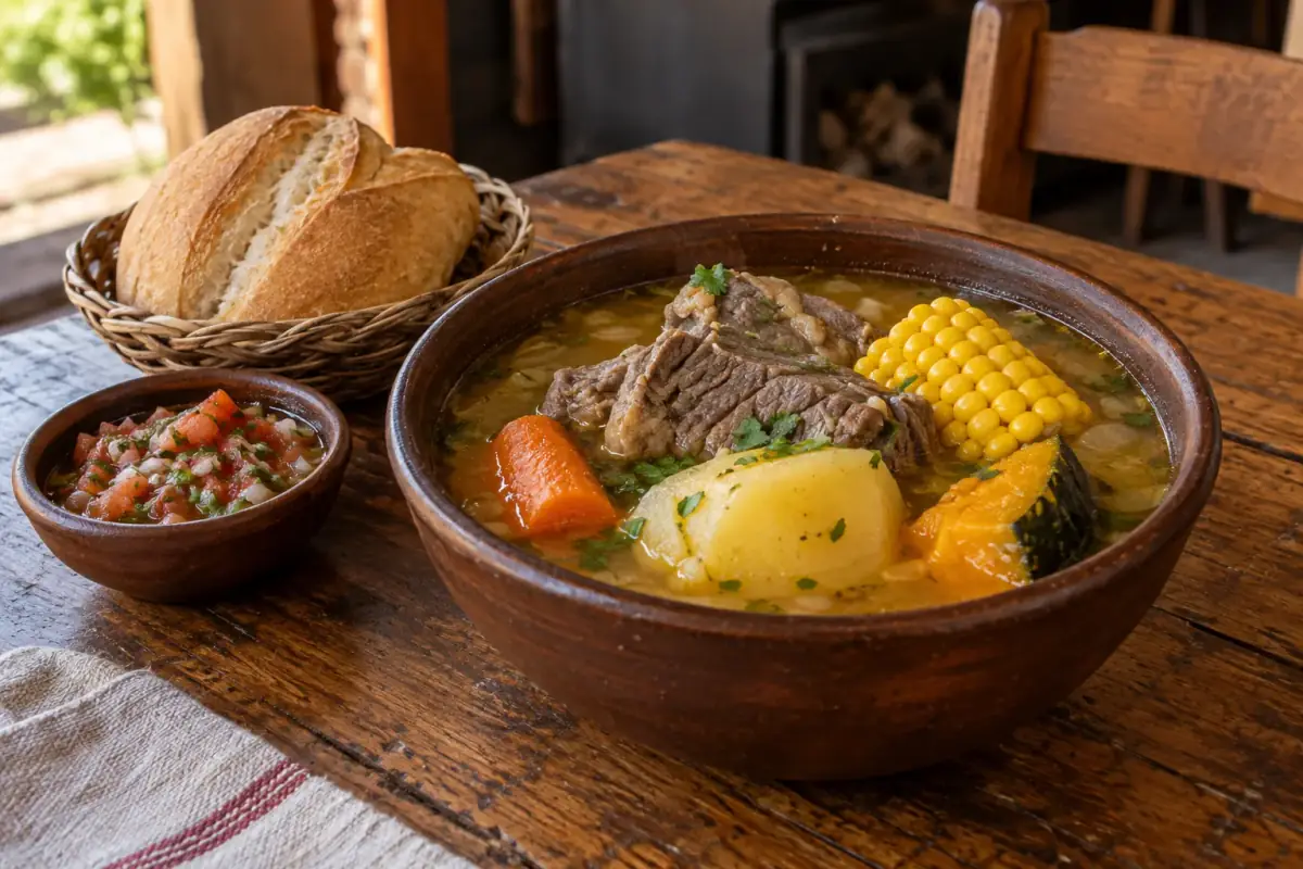 Cazuela de vacuno con papas, choclo y zapallo, con pebre y pan amasado