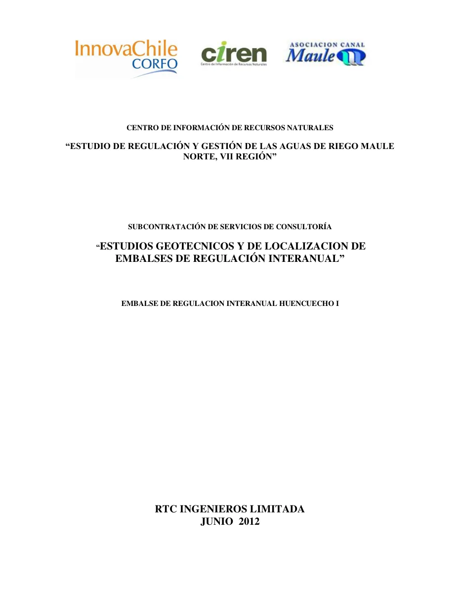 Portada del informe del estudio CIREN 2012 firmado por RTC Ingenieros Limitada