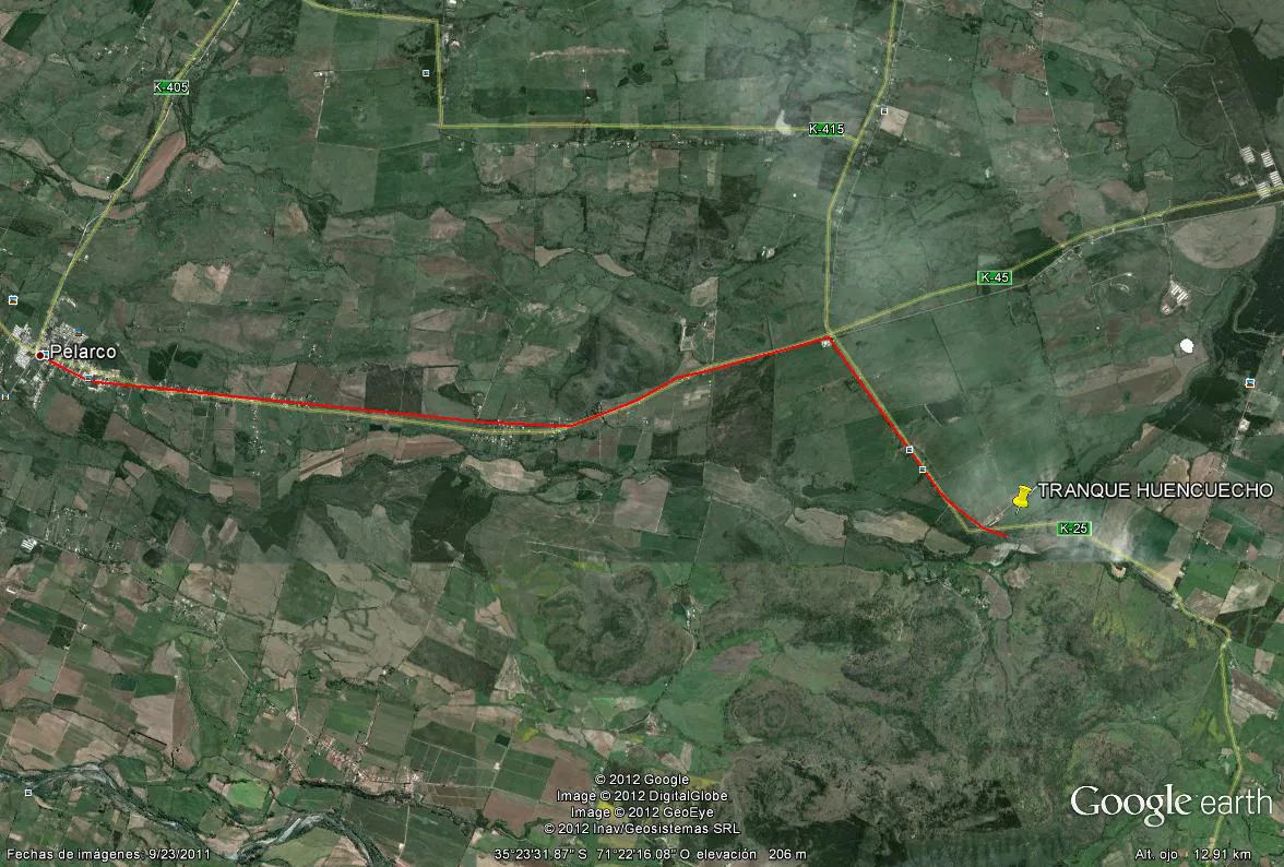 Mapa satelital del acceso desde Pelarco al sitio del Tranque Huencuecho, provincia de Talca