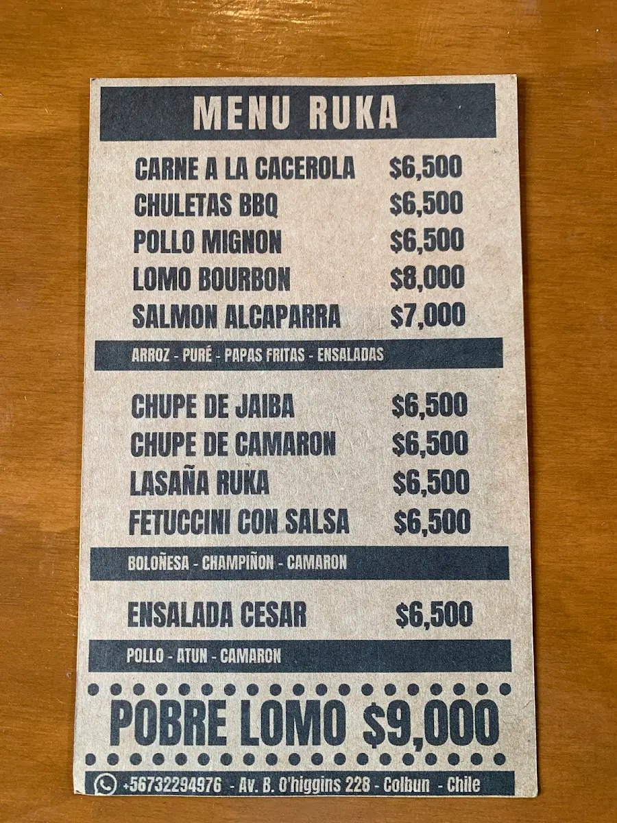 Carta impresa del local con el Menú Ruka