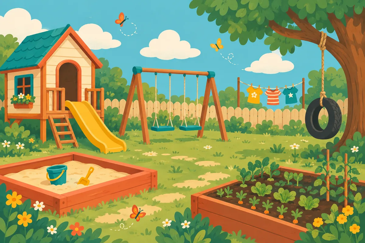 Ilustración de referencia del patio: columpios, casita de juegos y huerto
