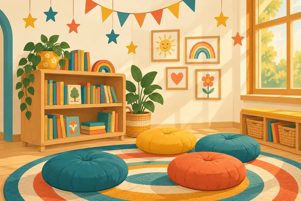 Ilustración de referencia del rincón de lectura: cojines, libros y guirnaldas
