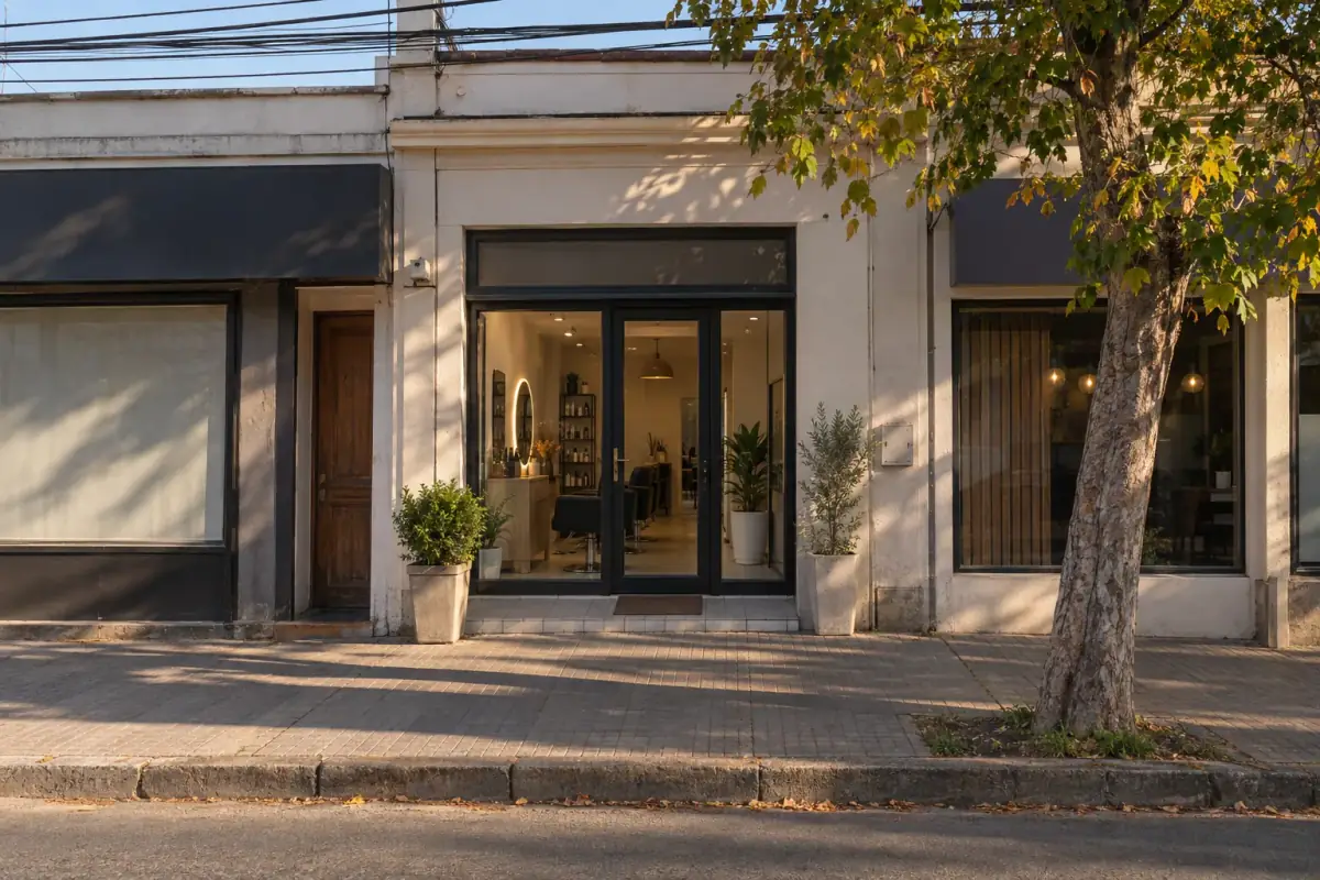 Fachada del salón en Calle 32 Ote., con vitrina, plantas y un árbol en la vereda