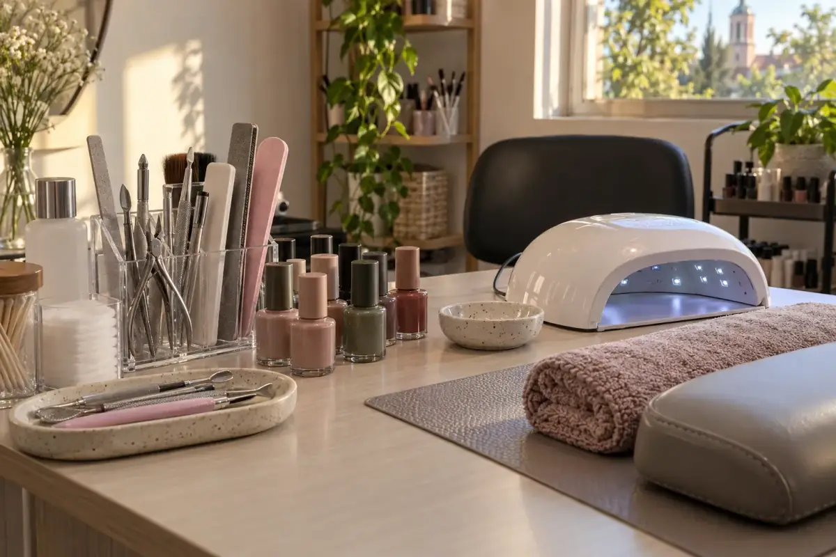 Mesa de manicure con herramientas, esmaltes, lámpara UV y toalla enrollada