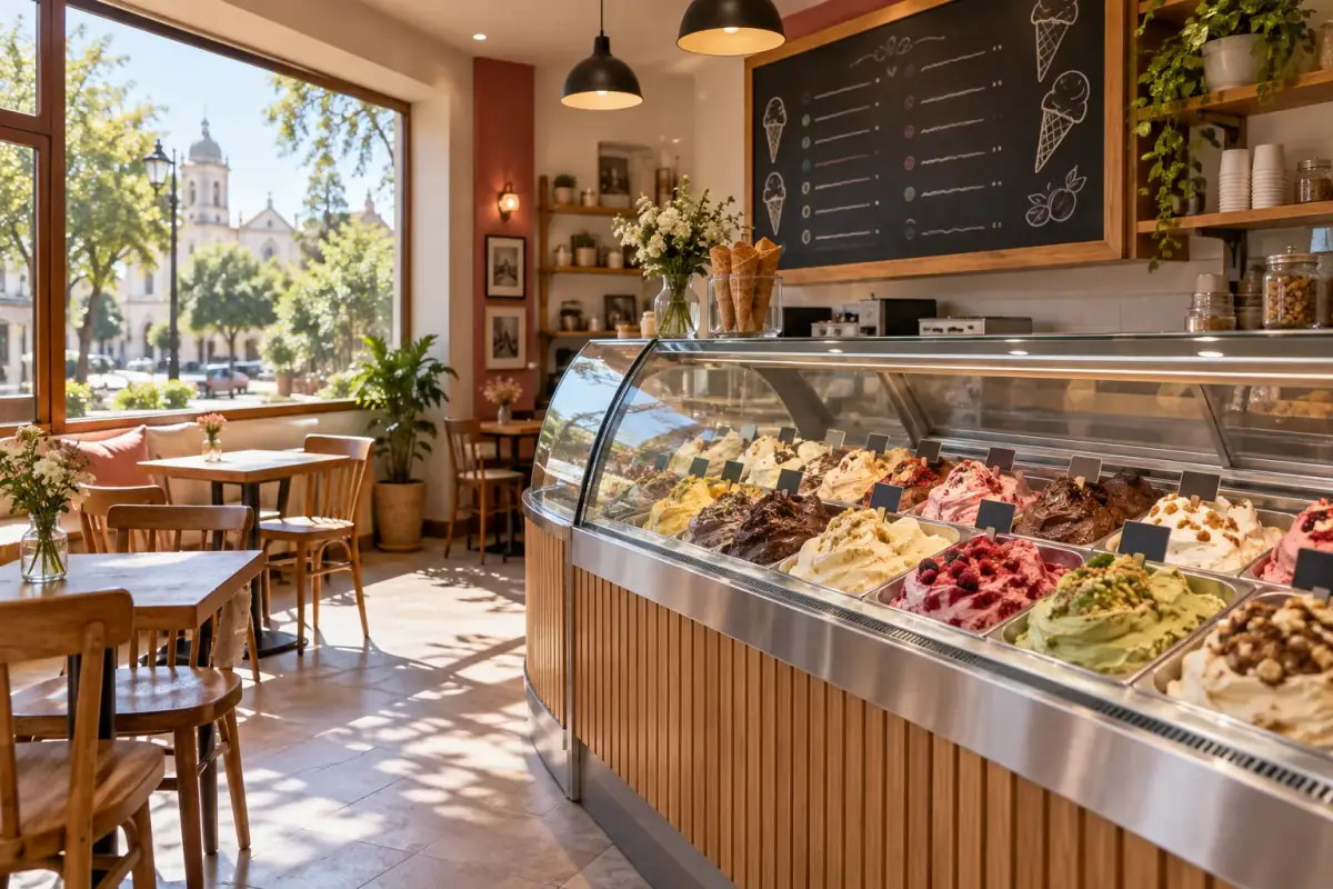 Interior de una heladería con vitrina curva, mesas de madera y ventanal hacia la plaza