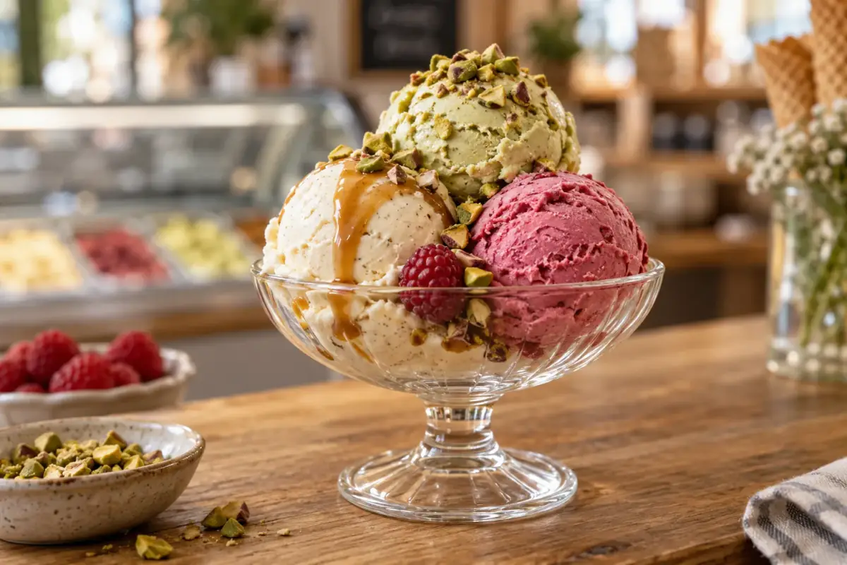 Copa de vidrio con tres bolas de helado: vainilla con manjar, frambuesa y pistacho