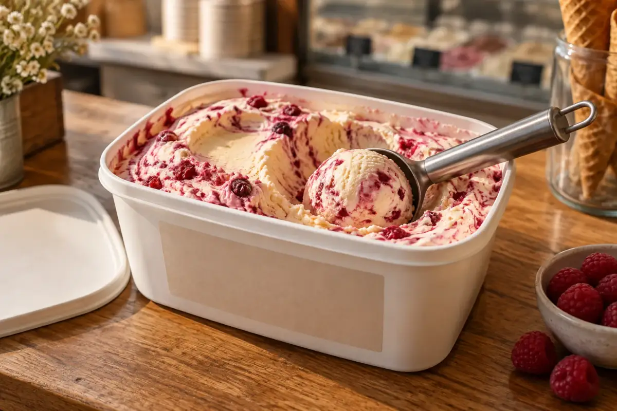 Pote familiar de helado casero veteado de frambuesa, con cuchara de servir