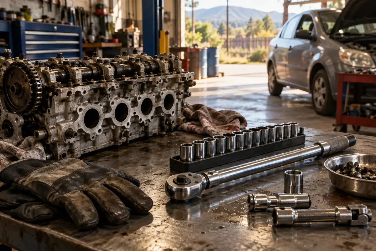 Mecánico trabajando en el motor de un auto dentro del taller