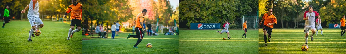 Panorámica del campo de fútbol del club: jugadores en camisetas naranjas sobre el pasto, árboles de fondo