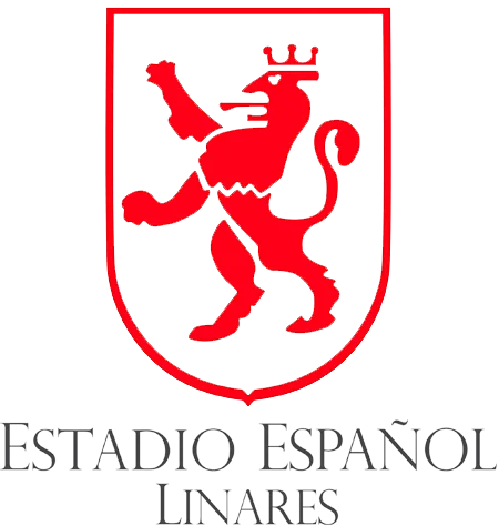 Escudo del Estadio Español de Linares: león rojo coronado dentro de un escudo blanco