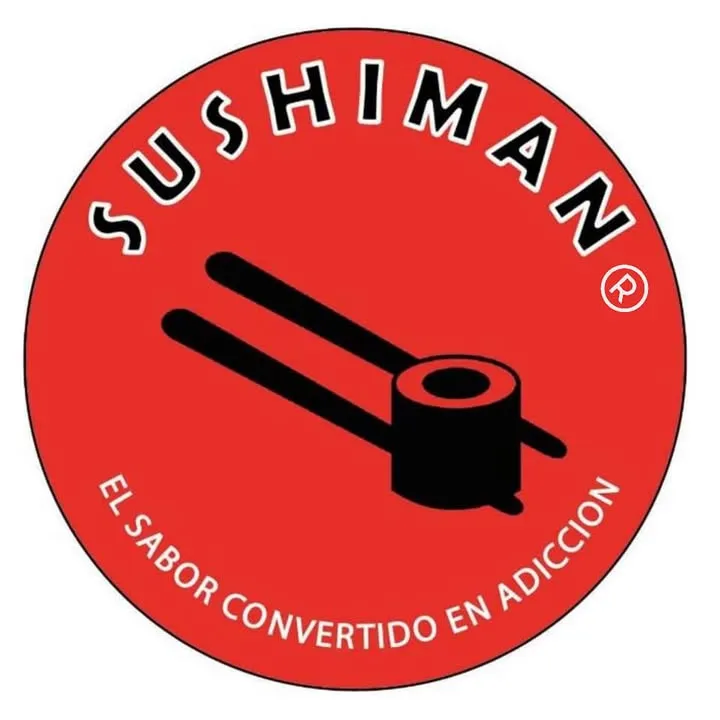 Logo redondo de Sushiman: palillos tomando un maki sobre círculo rojo