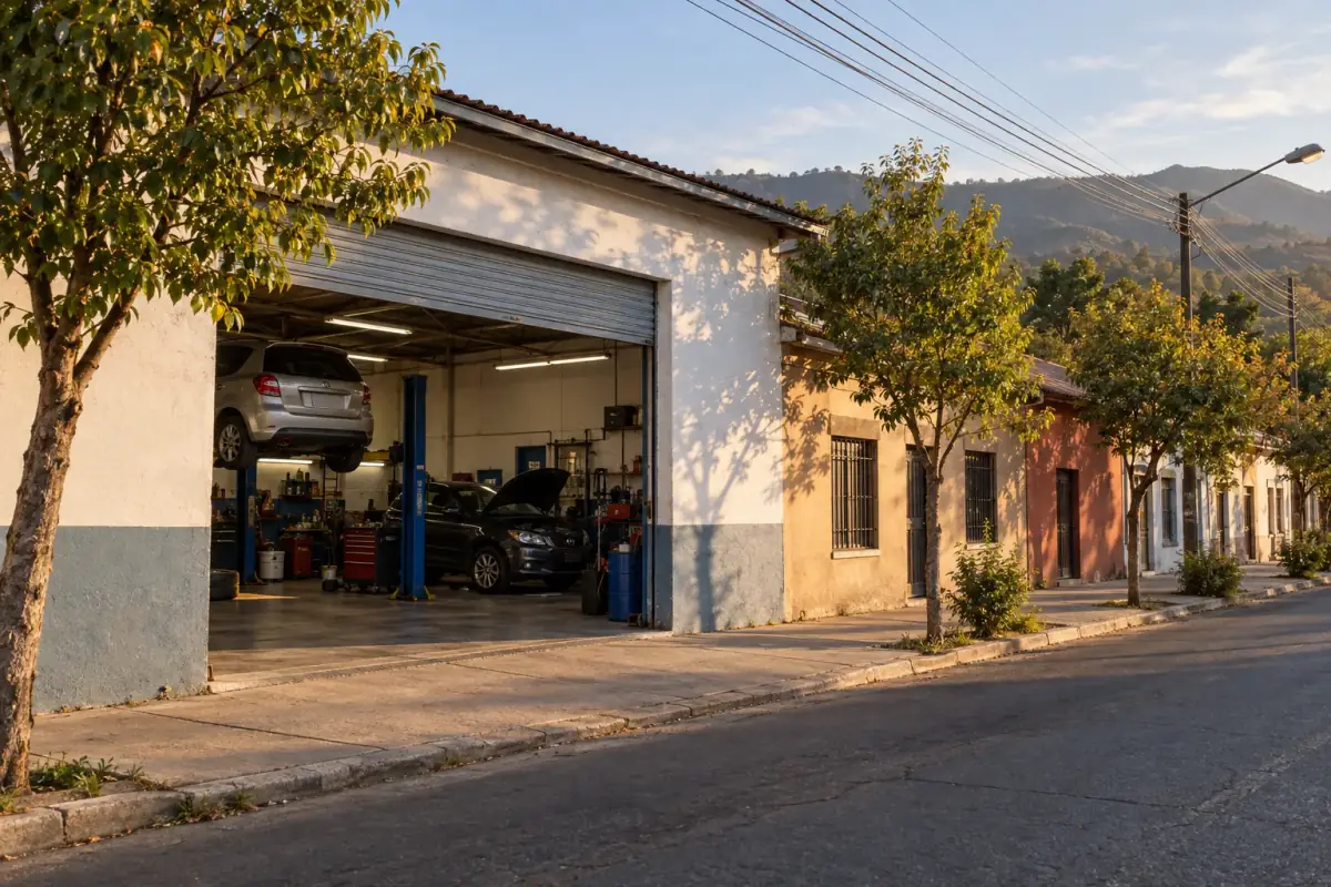 Fachada del taller a nivel de calle en Molina, con los cerros de fondo