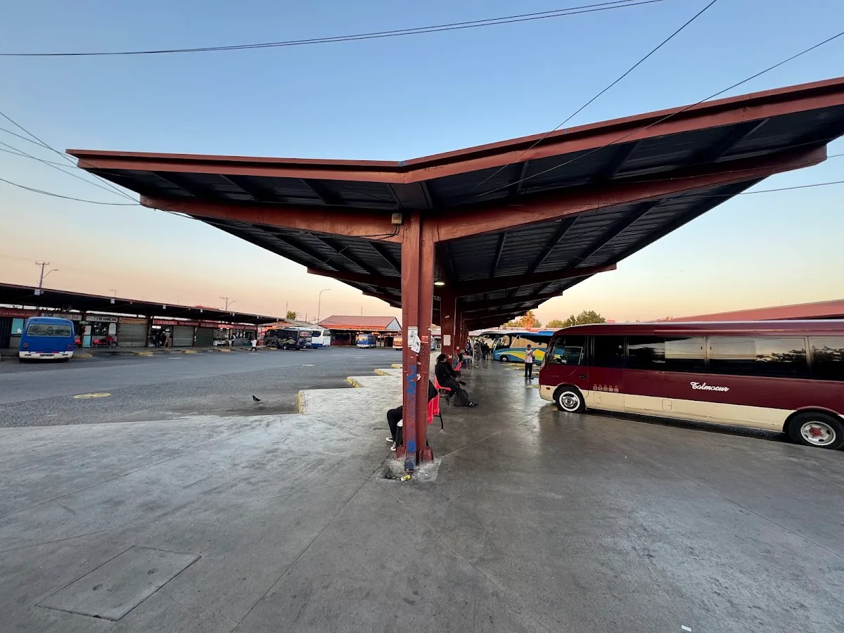 Andén del Terminal de Buses de Talca al atardecer, con la marquesina roja y buses estacionados
