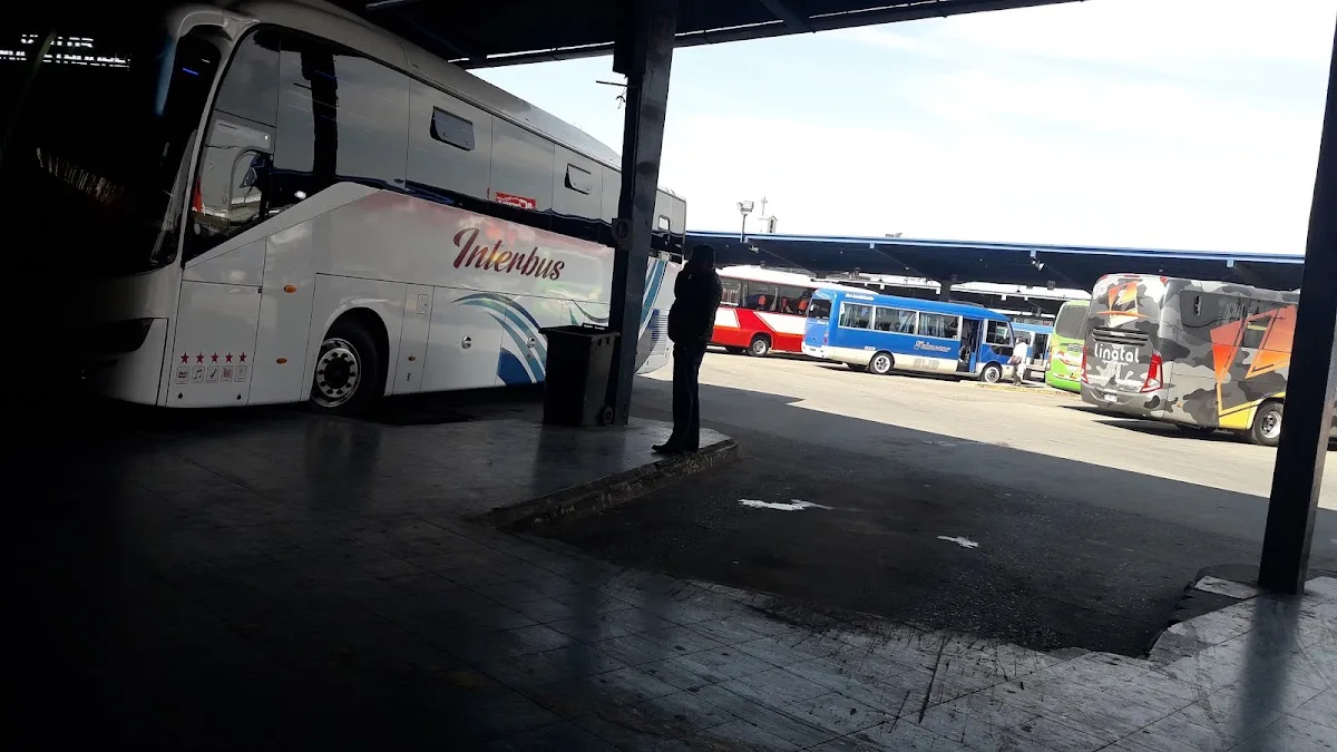 Bus interurbano blanco cargando pasajeros en el andén