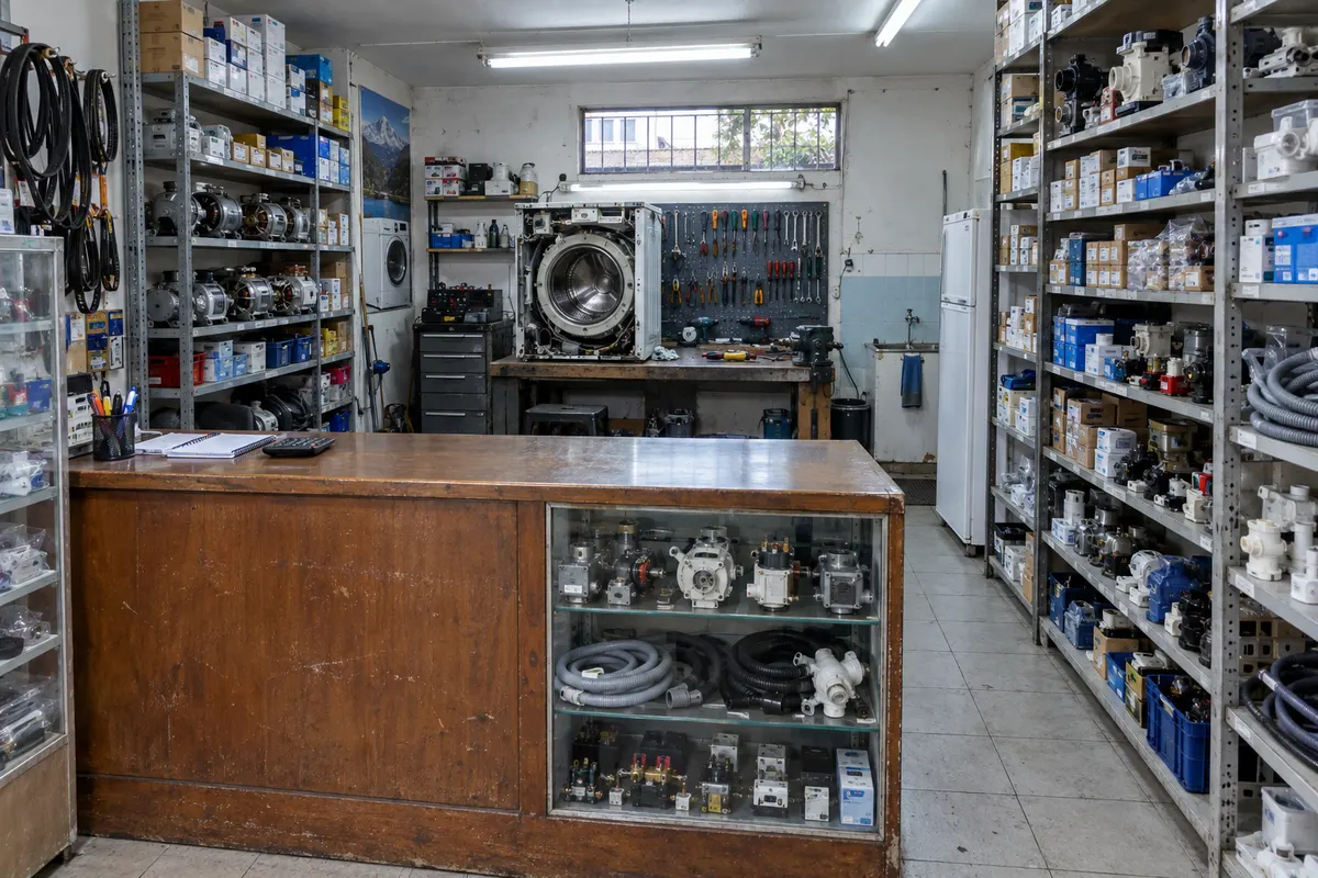 Bosquejo de referencia: interior de un taller de servicio técnico con banco de trabajo, estantes de repuestos y una lavadora abierta