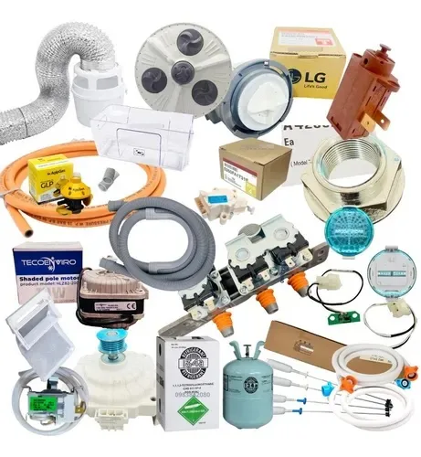 Collage real de repuestos de Thermocold: motores, bombas de desagüe, mangueras, controles electrónicos, refrigerante y conexiones