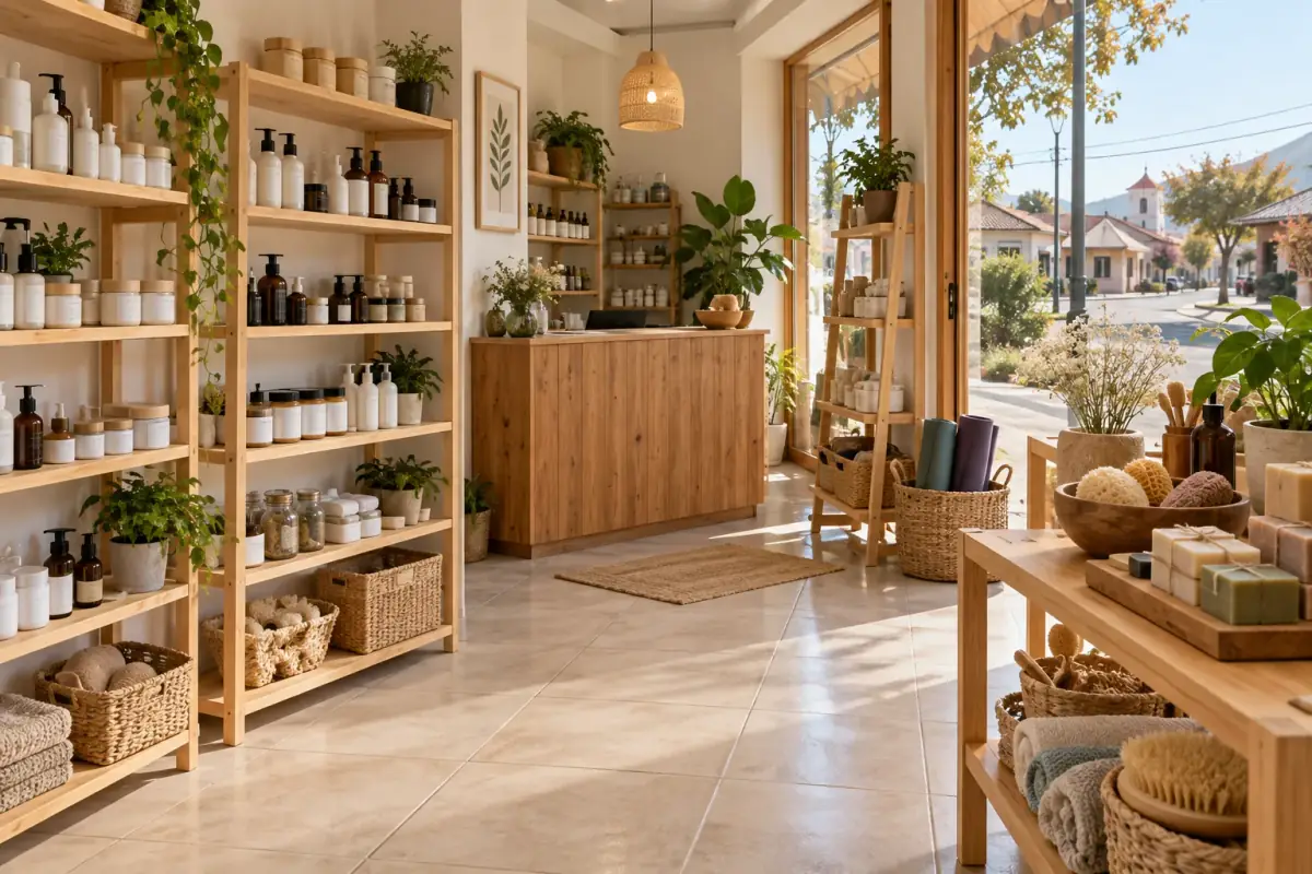 Interior de Tienda By Joseline Spa: perchas con conjuntos de lencería ordenados por color, luz suave de vitrina