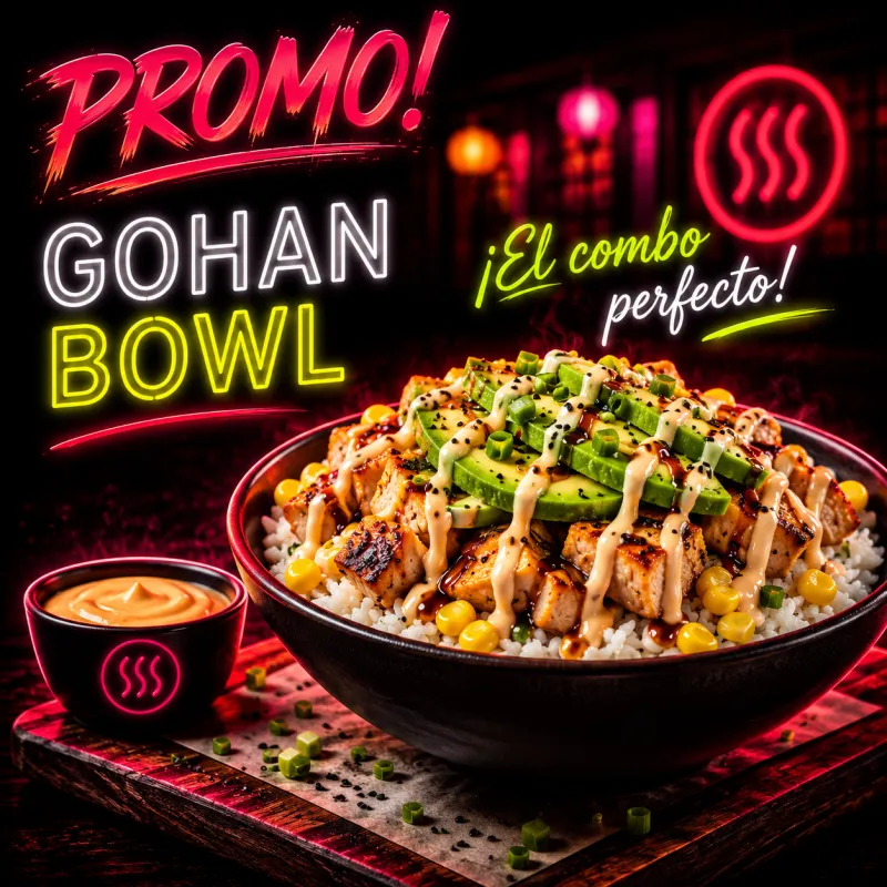Gohan bowl con arroz, pollo, choclo y cebollín