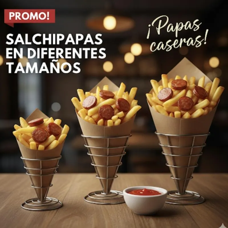 Salchipapas en conos de tres tamaños con salsa