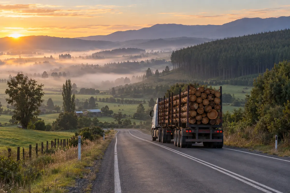 Bosquejo de referencia: camión cargado de troncos por una carretera rural entre praderas y plantaciones al amanecer