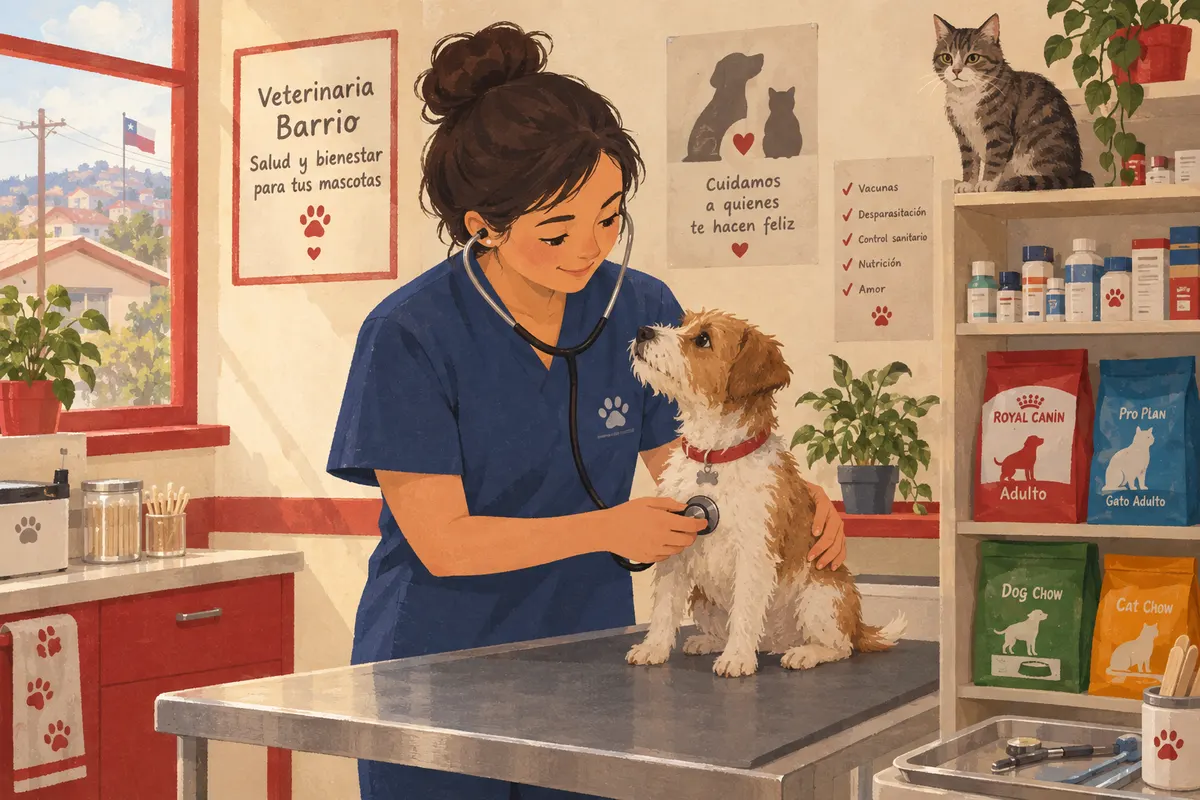 Bosquejo ilustrado: veterinaria examinando un perro en la mesa de consulta
