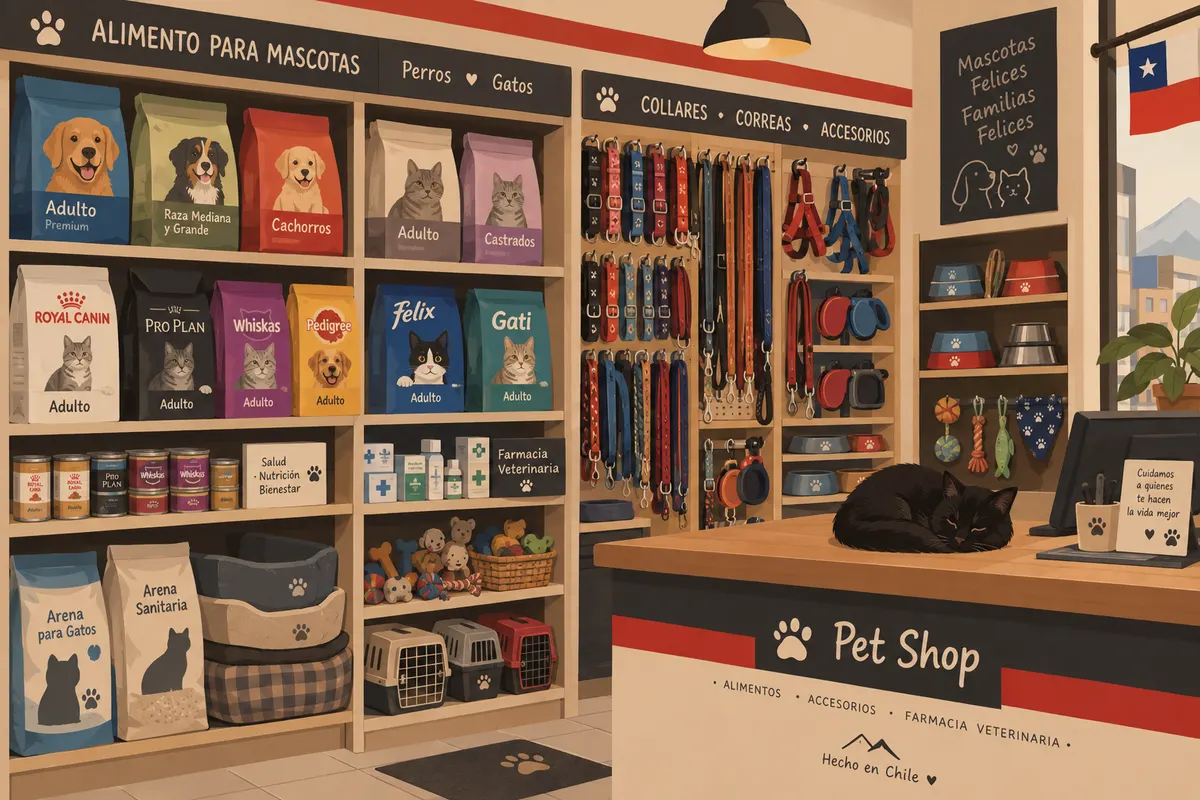 Bosquejo ilustrado: repisas con alimento para mascotas, collares y accesorios