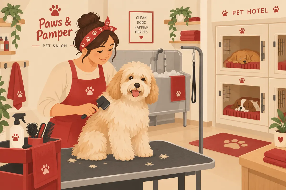 Bosquejo ilustrado: peluquería canina con un perro siendo cepillado y caniles detrás