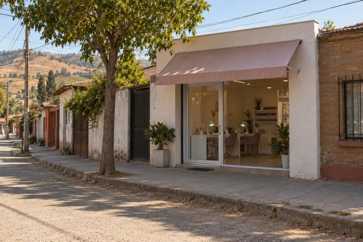 Fachada de Victoria Nail School: local a pie de calle con toldo y vitrina, en un barrio de Pencahue