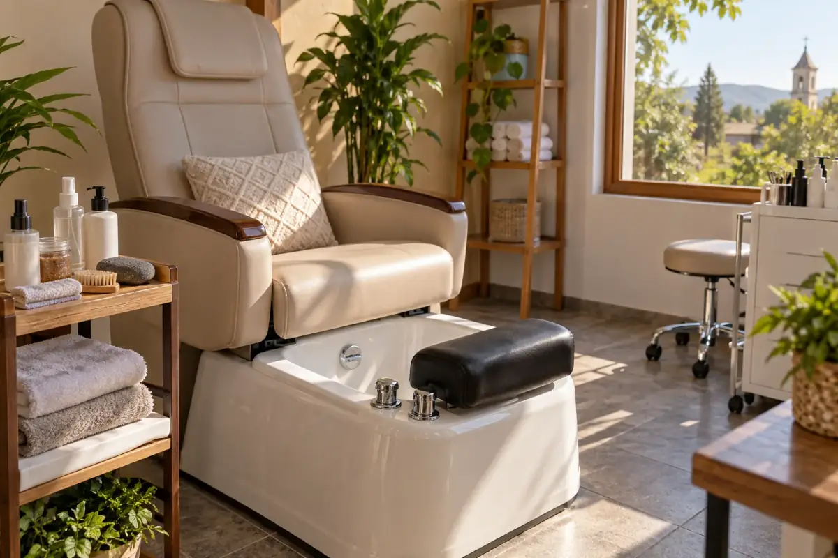 Sillón de pedicura con tina, toallas y repisas del salón