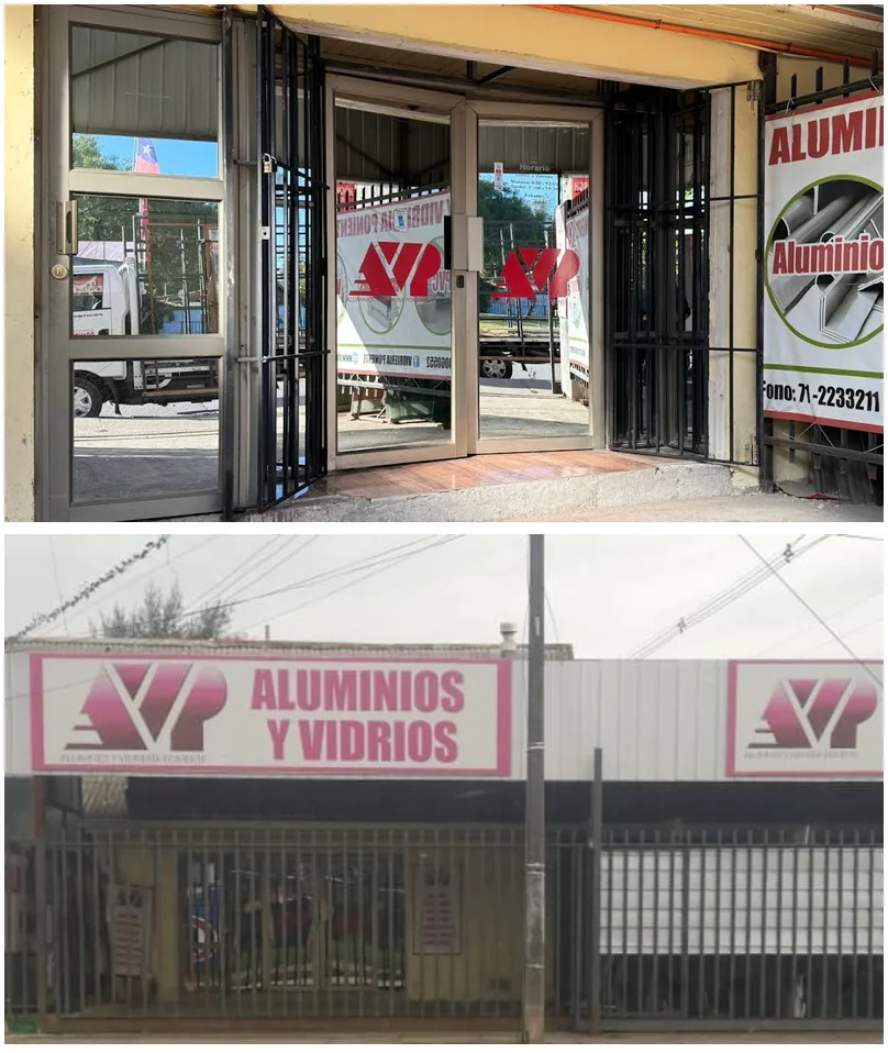 Fachada de Vidriería Poniente con su letrero rojo Aluminios y Vidrios en 19 Sur, Talca