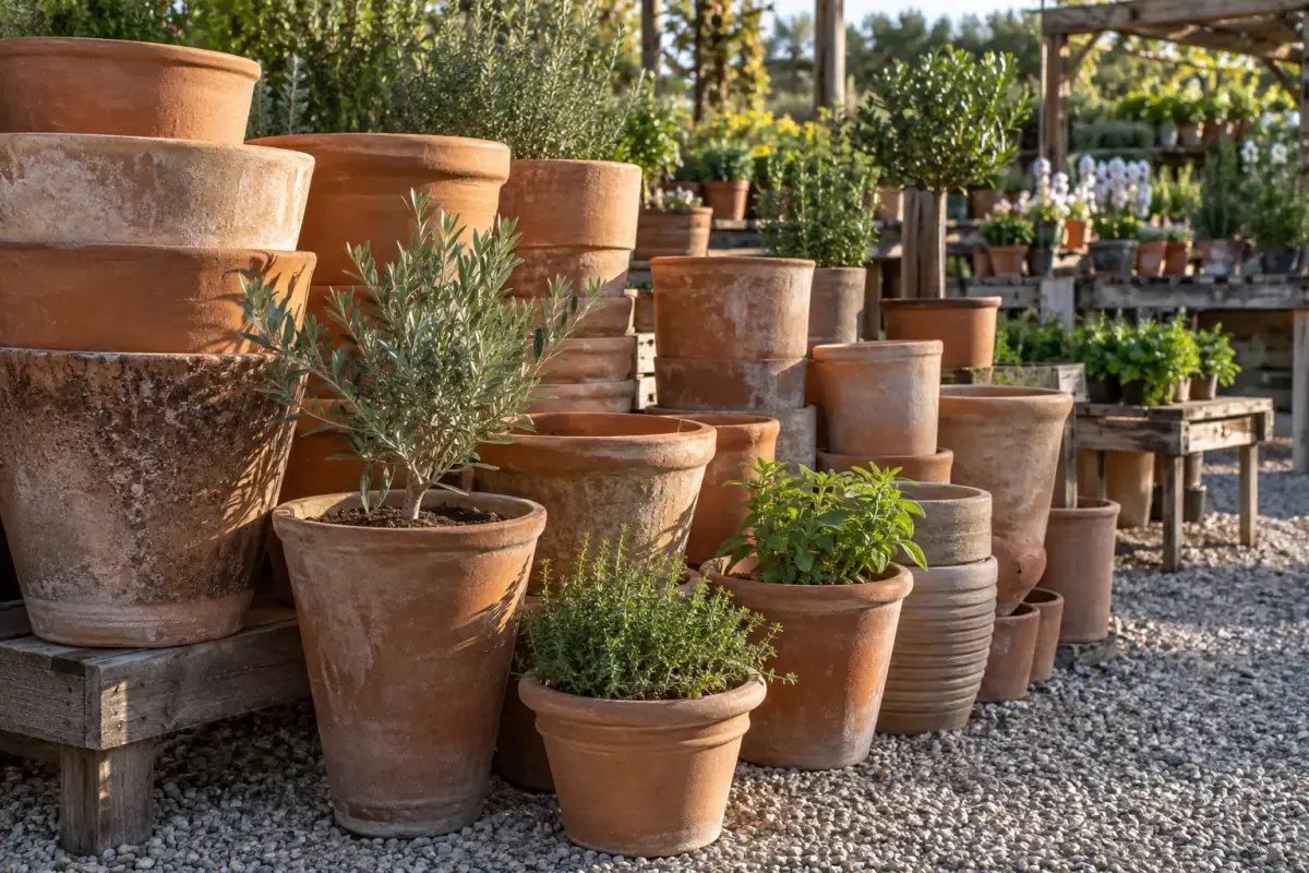 Maceteros de terracota con hierbas y aromáticas en la entrada del vivero