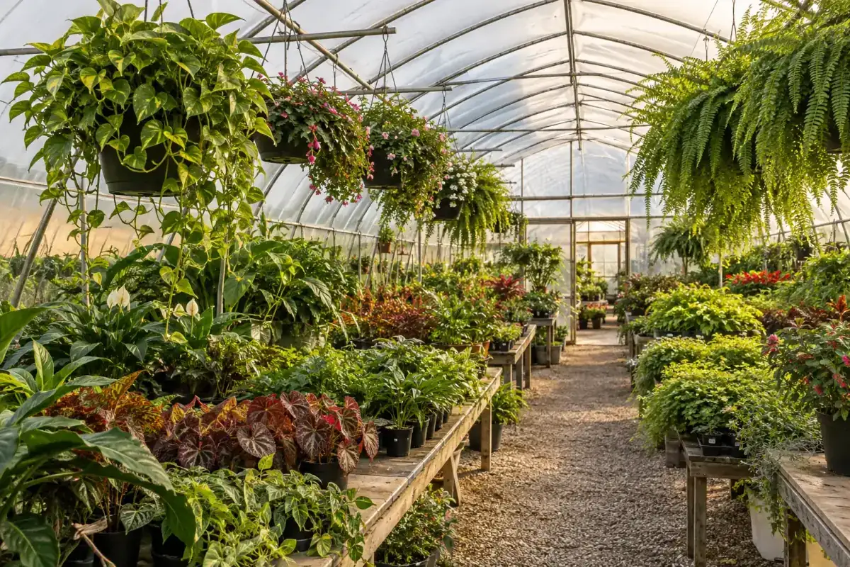 Interior del invernadero con plantas colgantes y mesas de producción