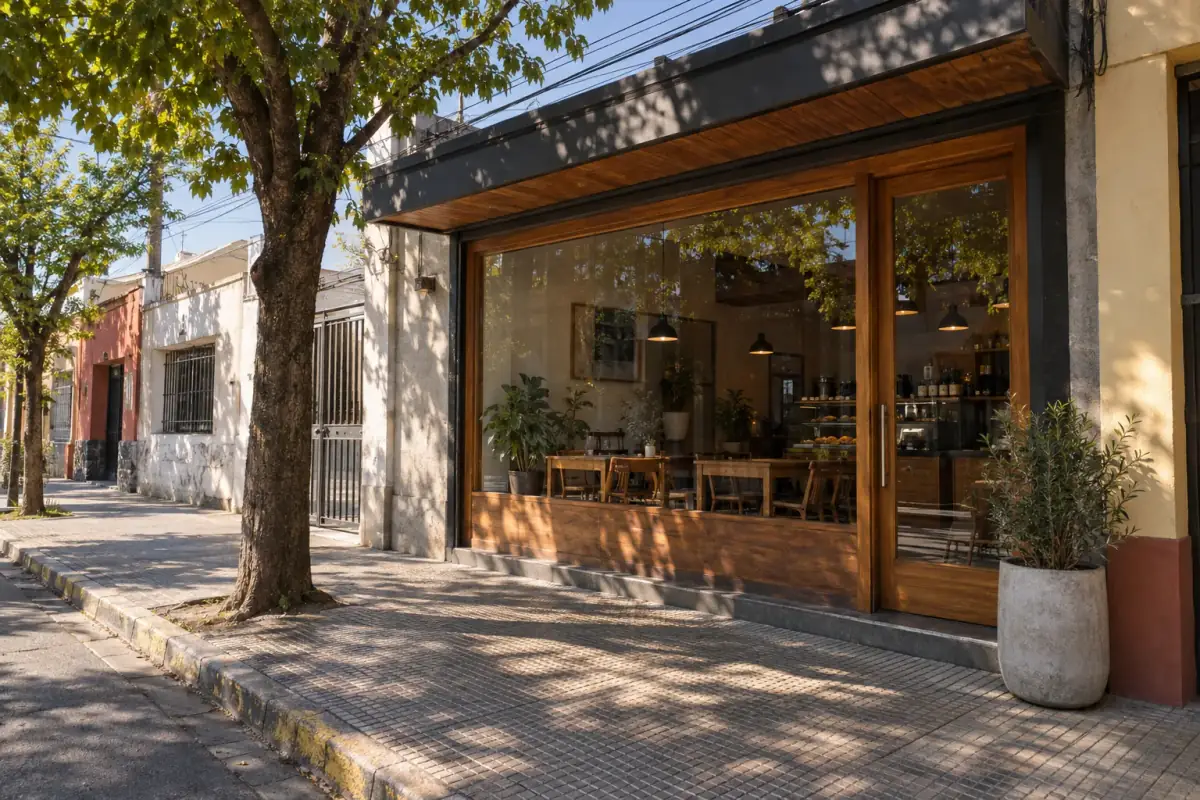 Fachada de Wake Up sobre la vereda de calle Merced, con vitrina de madera