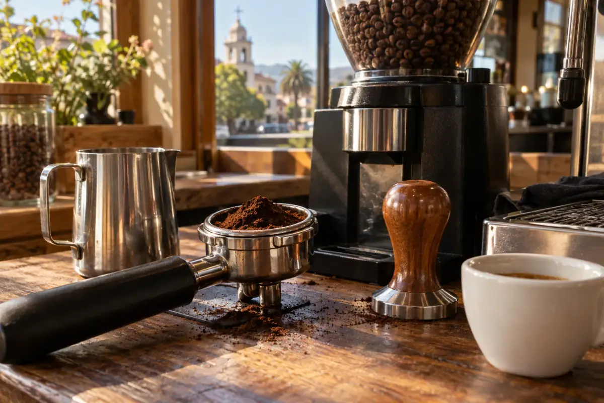 Portafiltro con café recién molido y molino en la barra de Wake Up