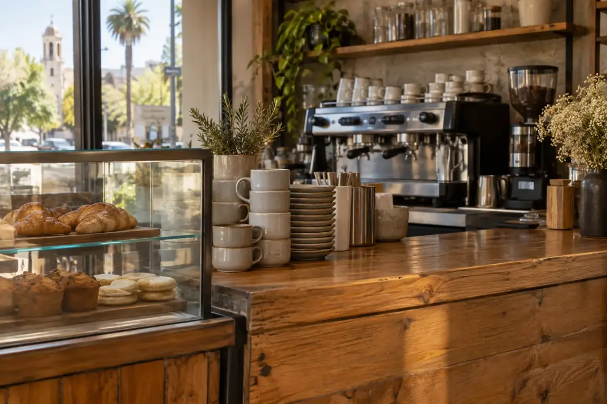 Mesada del local con vitrina de croissants, queques y la máquina de espresso