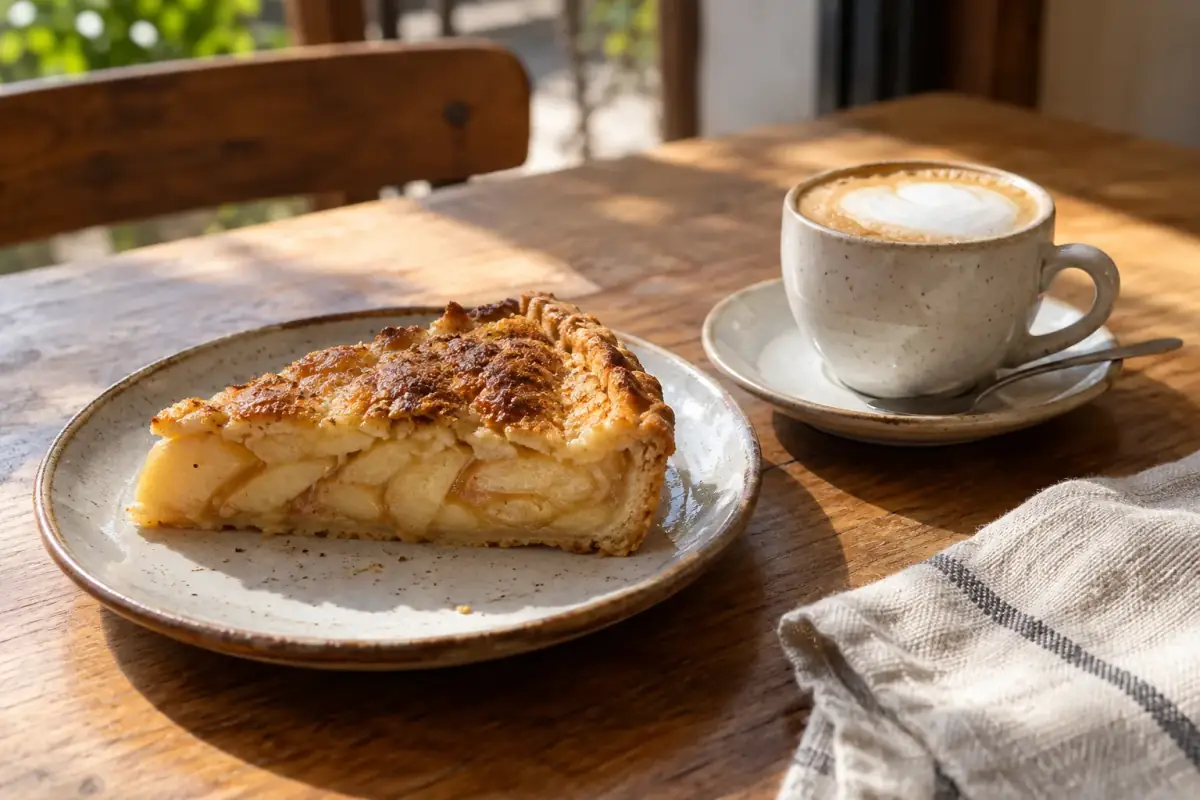 Trozo de kuchen de manzana con un capuchino en la mesa de la cafetería